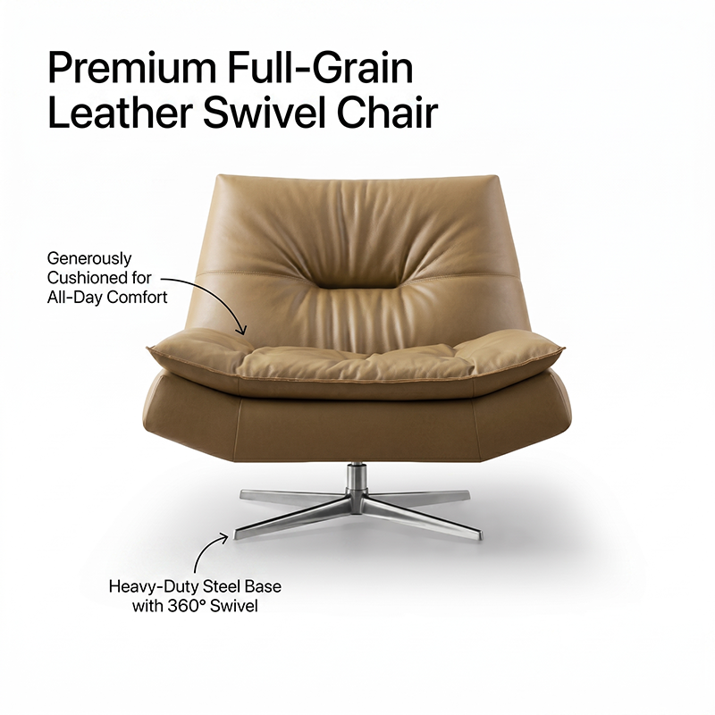 Premium Full Top Grain Genuine Leather Chair, Cloud Soft Ergonomic Swivel Armchair, Solid Wood Structure, Stainless Steel Rotating Base, Modern Minimalist Accent Chair for Luxury Home Decor