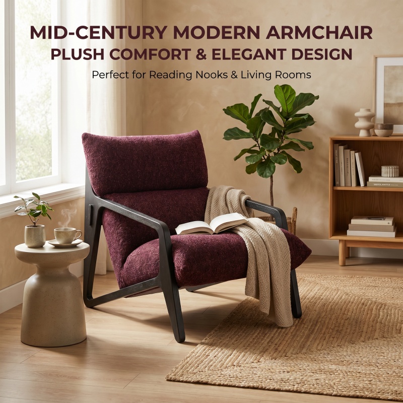 Cut Pile Jacquard Fabric Reading Chair, Ultra Comfy High Rebound Sponge Padded Lounge Chair, Natural Ash Wood Frame Mid-