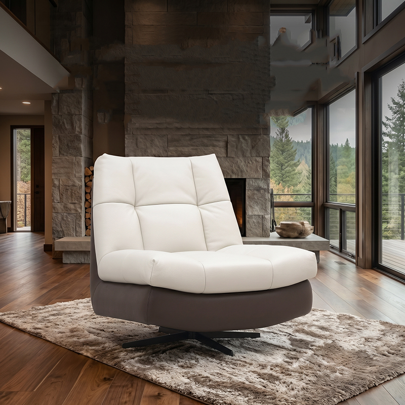 Bi-Color Full Top Grain Leather Single Sofa Chair, Ultra Soft High Density Rebound Sponge Lounge Armchair, Sturdy Solid Wood Inner Frame, Modern Ergonomic Relax Reading Chair for Home Office Apartment