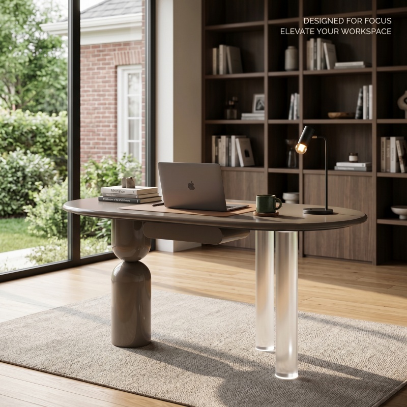Premium Designer Oval Dining Table, Modern Minimalist Statement Dinner Table, Mixed Material Base Dining Room Table for Luxury Home Interior Decor