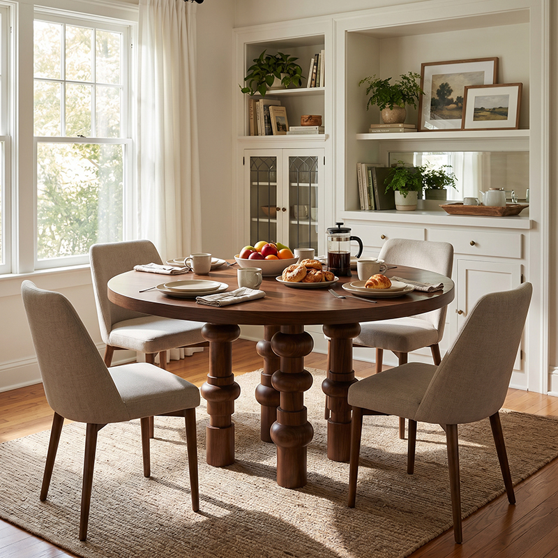 Premium All Solid Wood Round Dining Table, Retro Designer Style with White Oak Veneer Top & Natural Ash Wood Legs, Classic Statement Dining Room Furniture