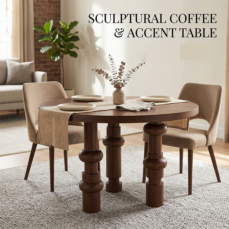 Premium All Solid Wood Round Dining Table, Retro Designer Style with White Oak Veneer Top & Natural Ash Wood Legs, C