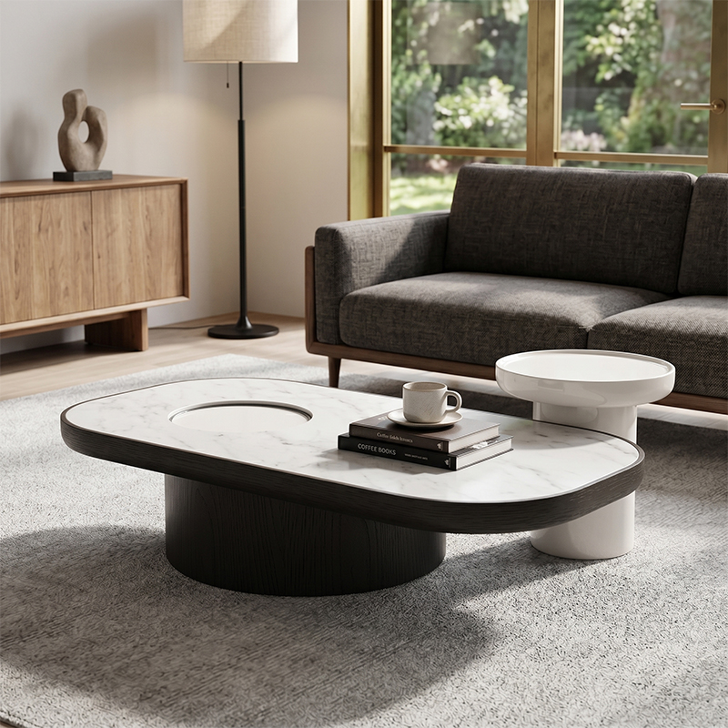 Premium Light Luxury Coffee Table Set, Lingfeng Marble Surface Center Table, Solid White Oak Finish Base & Gloss Baking Paint Side Table, Contemporary Accent Furniture for Living Room Decor