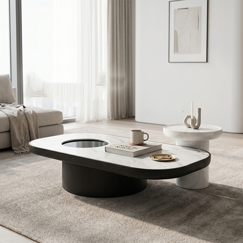 Premium Light Luxury Coffee Table Set, Lingfeng Marble Surface Center Table, Solid White Oak Finish Base & Gloss Bak
