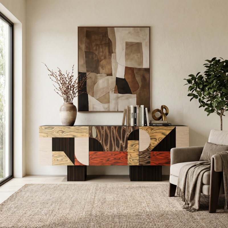 Premium Artistic Wood Inlay Credenza, Contemporary Geometric Pattern Sideboard Cabinet, Luxury Multi-Color Veneer Storag