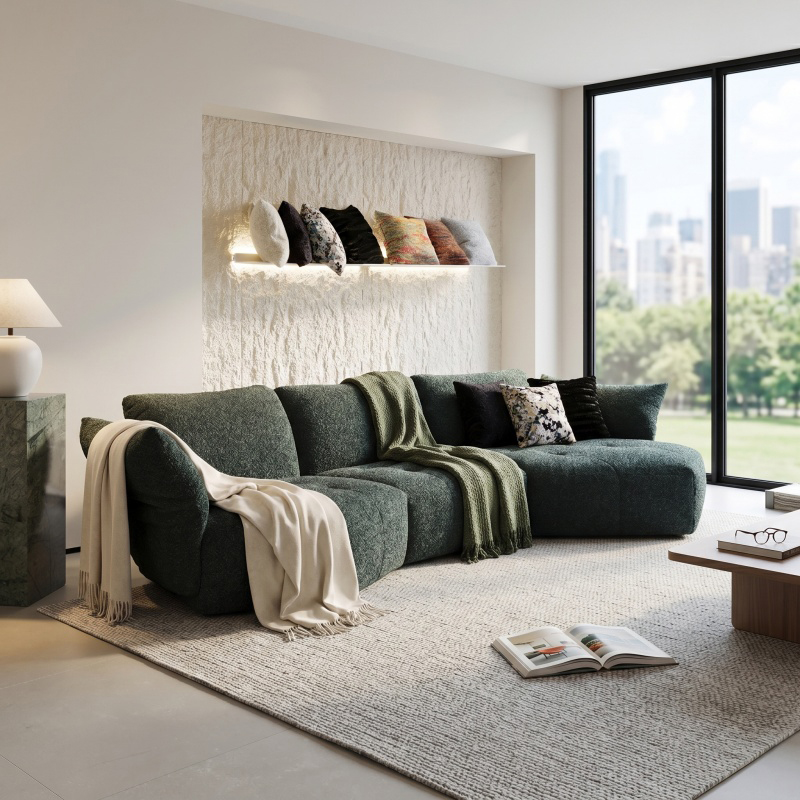 Premium Curved Modular Boucle Sofa, Modern Tufted L-Shaped Cloud Couch, Soft Deep Seating Fabric Sectional for Contempor