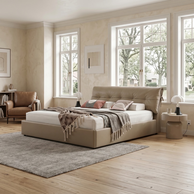 Modern Luxury Soft Bed Frame, Top Grain Leather, High Resilience Foam, Solid Wood Structure with Stainless Steel Decor