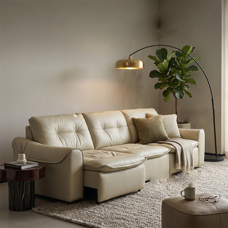 Cream White Top Grain Leather 3-Seater Sofa, Modern Tufted Back Upholstered Couch, Low Profile Overstuffed Sectional Sof
