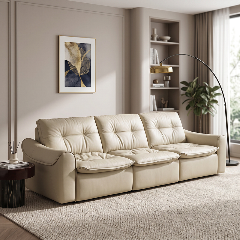 Cream White Top Grain Leather 3-Seater Sofa, Modern Tufted Back Upholstered Couch, Low Profile Overstuffed Sectional Sofa with Deep Seats for Living Room