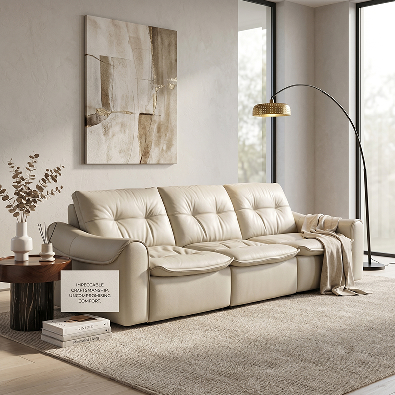 Cream White Top Grain Leather 3-Seater Sofa, Modern Tufted Back Upholstered Couch, Low Profile Overstuffed Sectional Sofa with Deep Seats for Living Room